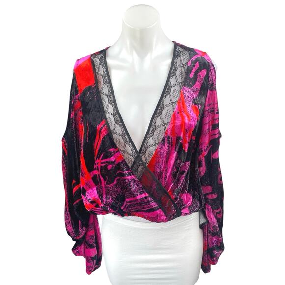 BCBGMAXAZRIA Multicolor Lace Long Sleeve Deep V Neck Faux Wrap Blouse Top Size M - Picture 1 of 4